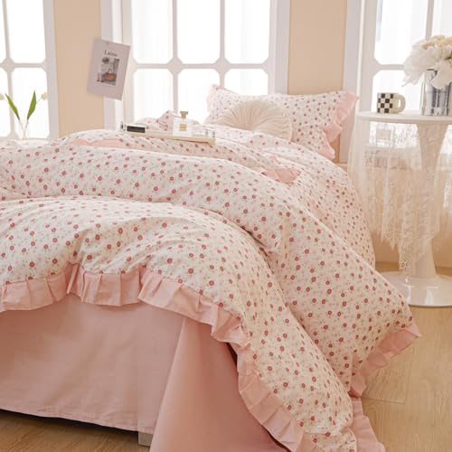Image of VM VOUGEMARKET Blooming Duvet Cover Set Twin Pink Striped Ruffle Duvet Cover with Zipper Ties 100% Cotton Cute Romantic Girls Comforter Cover with 2 Pillowcases
