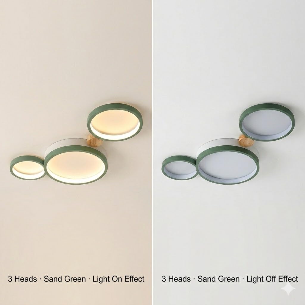 LED Ceiling Light Fixture with 3000K/4000K/6000K Temperatures Selectable,20W 22Inch Chandelier Modern Wooden Ceiling Lamp for Bedroom Kitchen,3-Lights Indoor Lighting Green Pendant Light