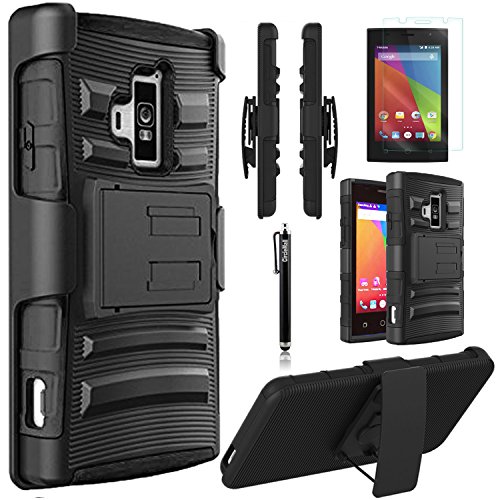 Coolpad Rogue Case, Combo Rugged Shell Cover Holster with Built-in Kickstand and Holster Locking Belt Clip + Circle(TM) Stylus Touch Screen Pen + Screen Protector Black