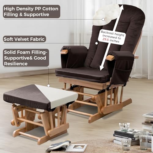 Image of Lucky Monet 5PCS Velvet Glider Rocker Replacement Cushions, Thickened & Supportive Rocking Chair Cushion Set with 29.5 Inch High Backrest & Storage Pockets, for Indoor Nursery Glider, Brown