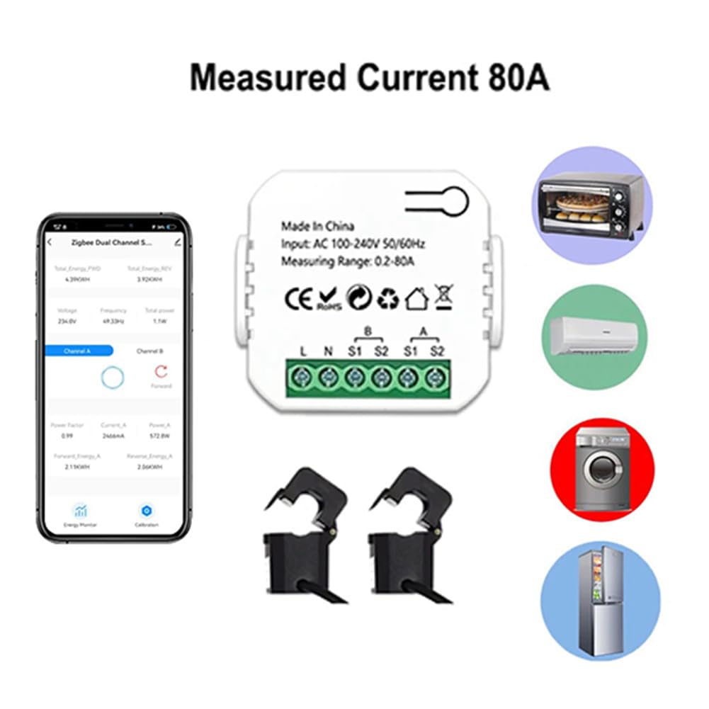 Contador de energía ZigBee de 2 canales bidireccional con sensor de corriente Tuya Smart Monitor Potencia 80A 110V/240V Puerta de enlace Requerido