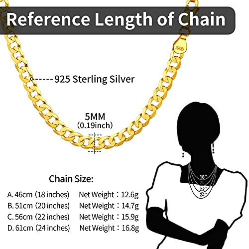 Chicsilver Gold Chain For Men Women 5Mm Cuban Link Chain 18K Gold Plated Mens Necklace Sterling Silver Curb Chains Boys Jewelry 24 Inch #TOP2