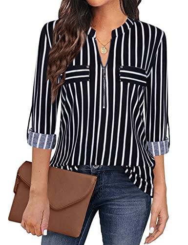 Image of Bulotus Womens 3 /4 Sleeve Tops Plus Size V Neck Zipper Business Casual Blouses for Office & Going Out Soft Knit Tunics, M-3XL