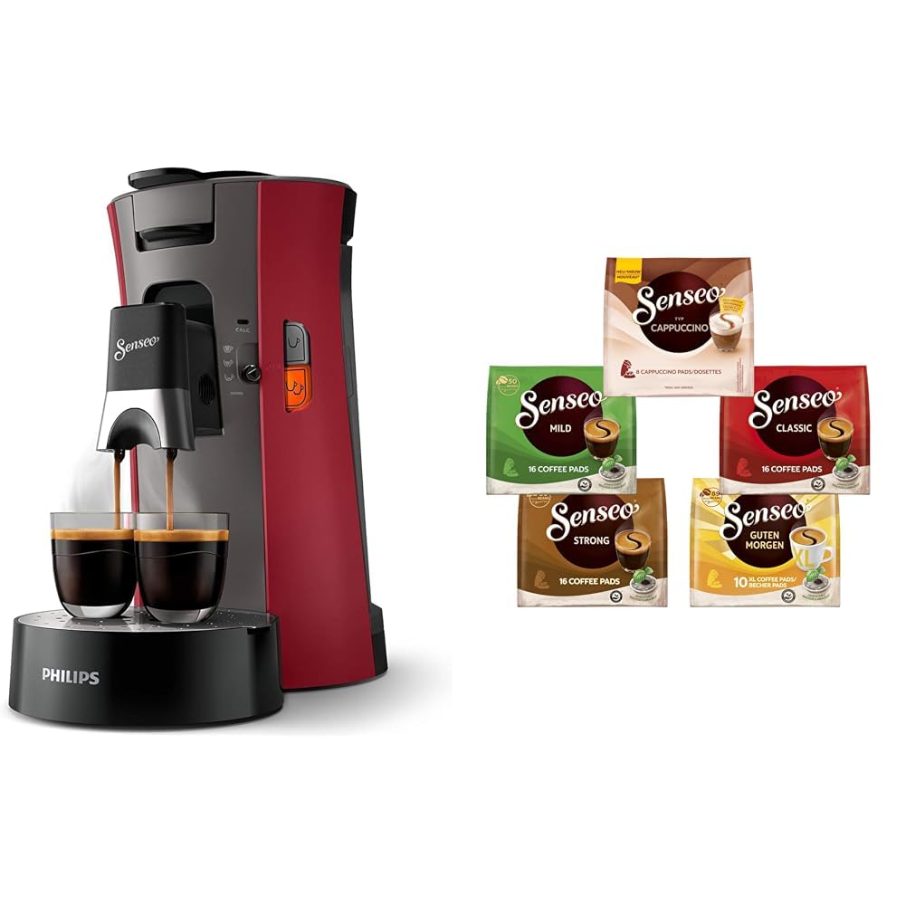 Philips Senseo Select Kaffeepadmaschine Bundle mit 66 Kaffeepads,3 Kaffeespezialitäten, Memo-Funktion, Crema Plus, Intensität Plus, aus recyceltem Plastik, 0,9L, Rot (CSA240/90)