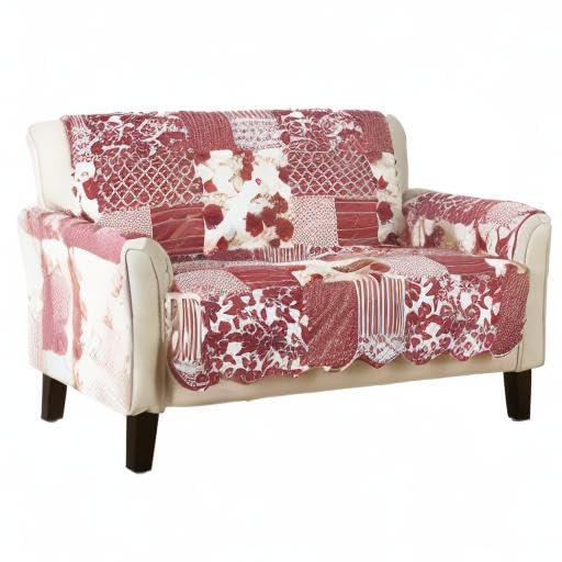Image of Great Bay Home Reversible Patchwork Loveseat Cover - Washable Slipcover Furniture Protector with Elastic Straps - Perfect for Kids & Pets - Box-Stitched Detail (Burgundy)