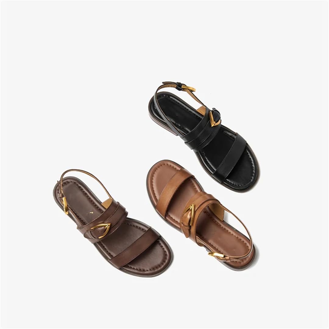 Sandalias de gladiador con hebilla y correa trasera para mujer, tacón redondo, lateral abierto, estilo gladiador, con hebilla de metal y correa trasera, sandalias de verano retro, Black, 38.5 EU
