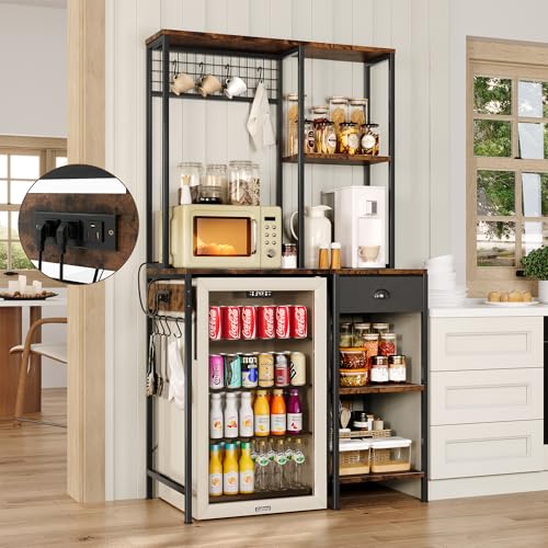 DreamDashio Over Mini Fridge Shelf with Power Outlet 3-Tier Bakers Rack & Appliance Organizer for Microwave and Coffee Maker Featuring Adjustable Shelves Storage Drawer 8 S-Hooks