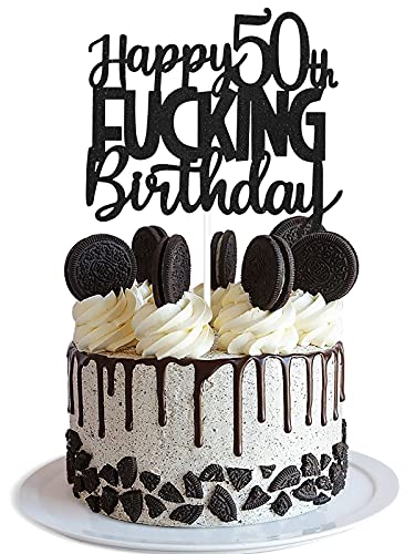 Happy 50th Fuxking Birthday Cake Topper - Funny Black Glitter 50 & Fabulous Party Supplies - Cheers to 50 Years Party Cake Decoration