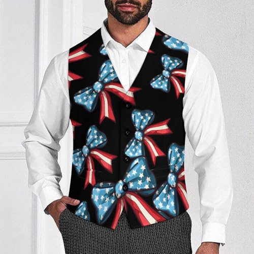 Bow US Flag Men's Suit Vests Business Formal Dress Vest V-Neck Waistcoat for Wedding Casual2