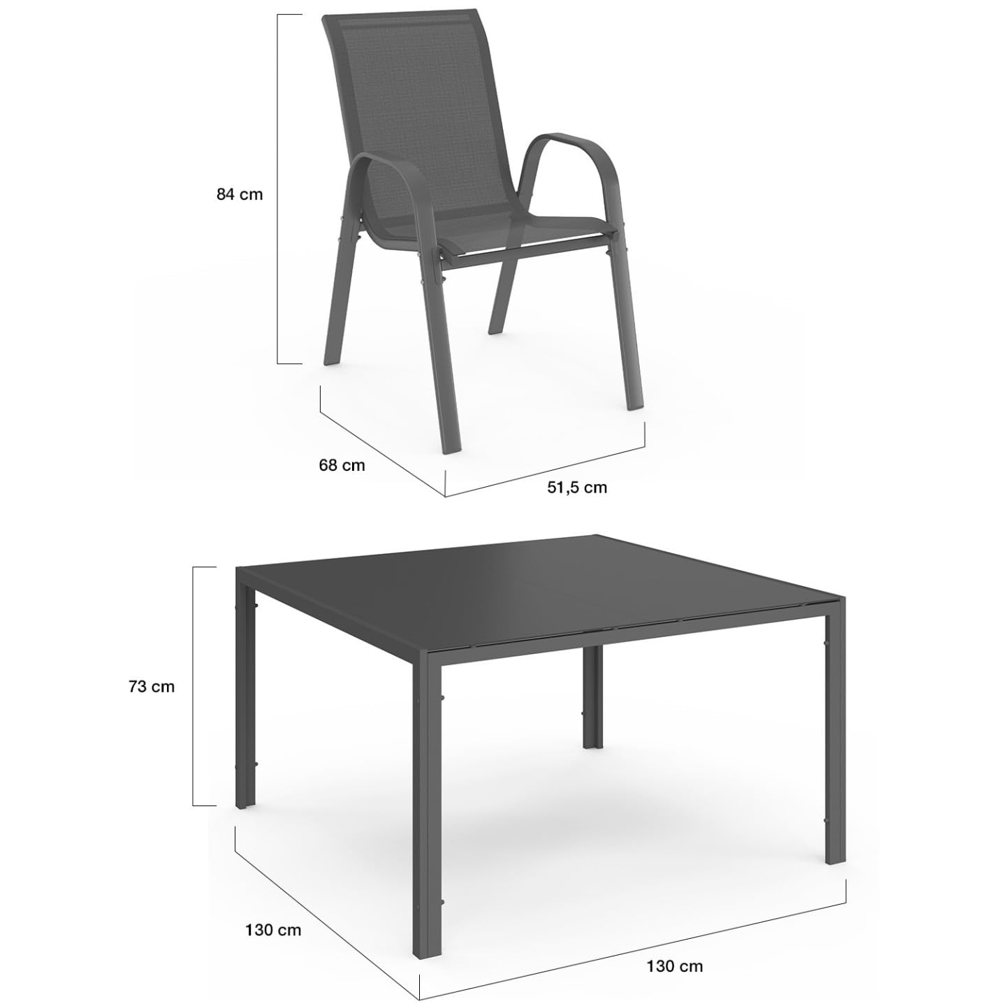 IDMarket - Salon de Jardin Madrid Table carrée 130 CM et 8 chaises empilables Gris Anthracite