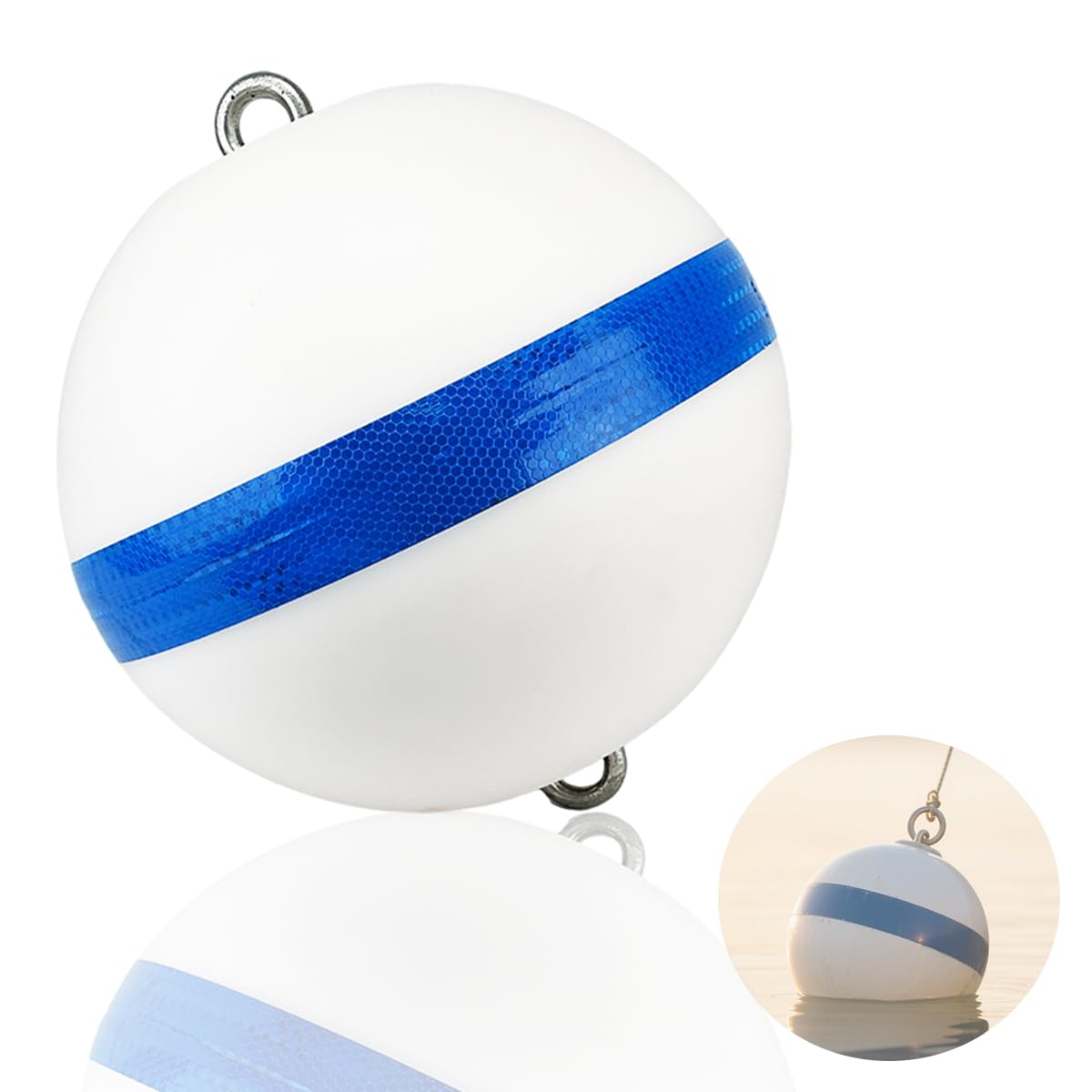 Boa di ormeggio per barca, 30,5 cm, colore bianco, con strisce riflettenti blu, per ormeggio barche