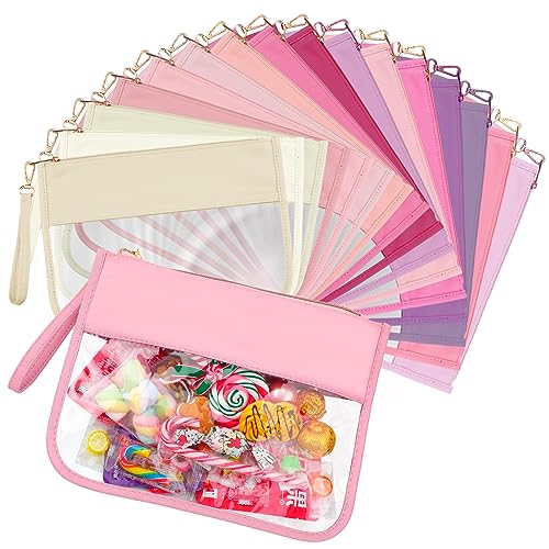 Irenare 16 Pcs Clear Makeup Bag Toiletry Flat Zipper Pouch Preppy Waterproof Clear Cosmetic PVC Pouch with Wristlet Toiletry DIY Chenille Letter Snack Bag for Women(Macaron Pink) by Irenare - Used condition - US$41.81