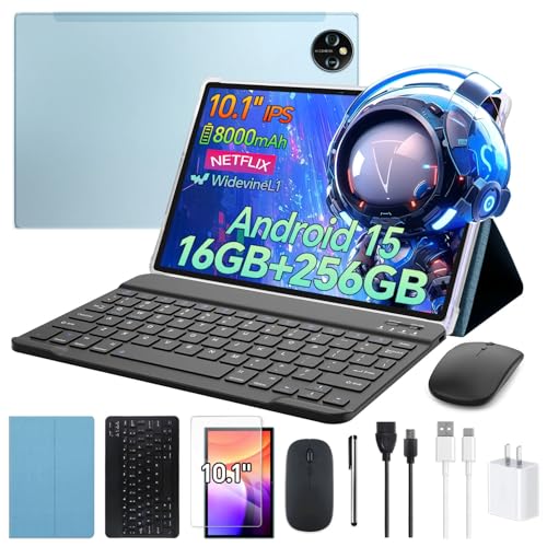 MUNISOSA Tablet 10.1inch Android 15 Tablets with Keyboard, Octa-Core, 16GB RAM 256GB Storage 1TB Expandable, 13MP Dual Cameras 5MP Front, 8000mAh, GPS, WiFi 5 BT5.0 with Case, Mouse & Stylus M6- Blue