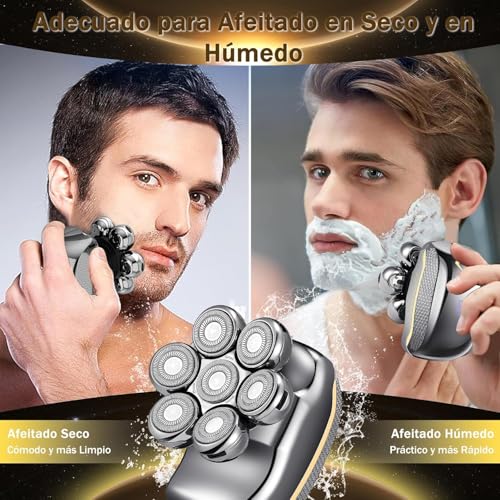 Afeitadora Cabeza Hombre, 5 en 1 Afeitadora Electrica Hombre para Calva con 7 Cabezas Rotativa, Afeitadora Calvos para Hombre Recargable USB, Máquina de Afeitar Hombre Impermeable con Pantalla LED