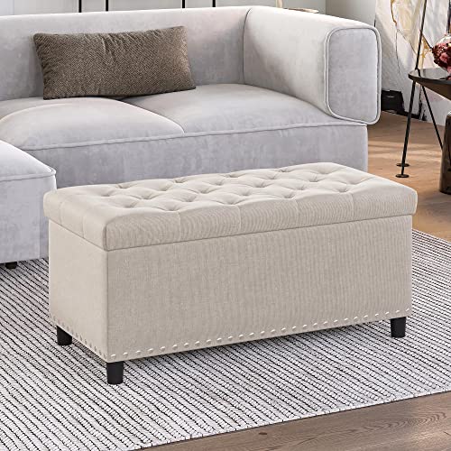 Image of BELLEZE Storage Ottoman, Tufted Ottoman with Close Hinge, Foot Rest for Living Room (Beige, 31 inch)