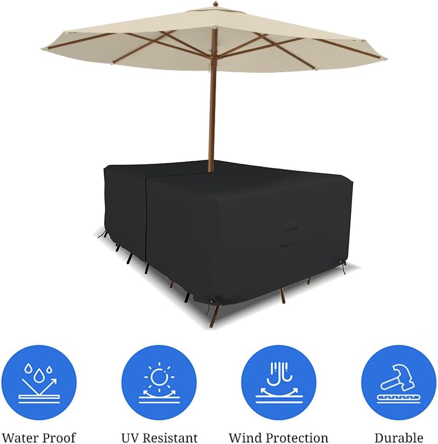 Covers & all Rectangle Table & Chair Set Cover, Umbrella Hole, 12 Oz Waterproof UV & Weather Resistant, Patio Lawn Garden Backyard Furniture, Air Vents & Drawstrings (108"L x 82"W x 23"H, Black)