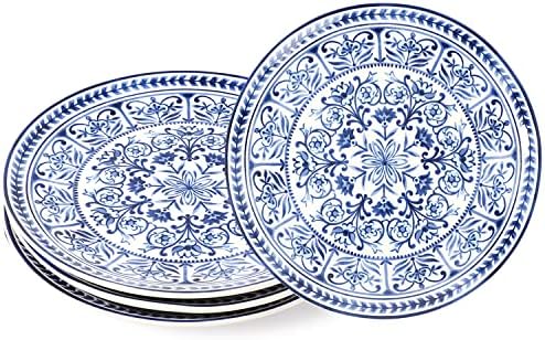 Sonemone 8.75 inch Ceramic Salad Plates Set of 4, Blue Marrakesh Tile Floral Round Plates, for Salad, Appetizer, Pasta, Pancakes, Steak Microwave & Dishwasher Safe
