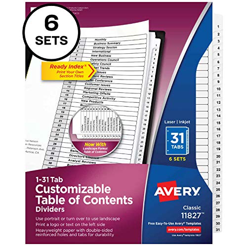 Avery 1-31 Tab Dividers for 3-ring Binders, Customizable Table of Contents, Classic White Tabs, 6 Sets (11827)