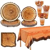 Picture of durony 129 Pieces Camping Birthday Party Supply Hunting Party Plate Tablecloth Cup Napkins Wood Slice Tableware Decorations for Kids Camo Hunter Themed Party