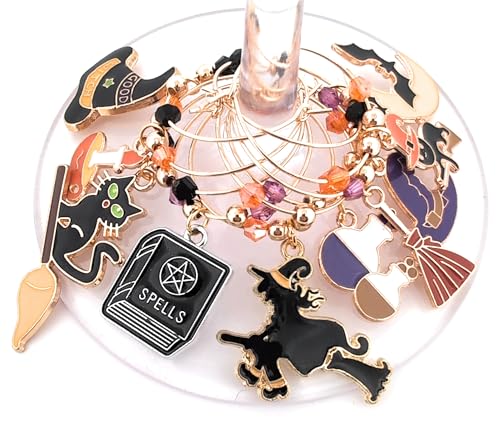 Halloween Wine Glass Charms, Witch Wine Charms, Witch hat, Bat, and Black Cat Glass Identifier Tags, Halloween Glass Markers, Halloween Party Supplies - 10 Wine Charms/pack