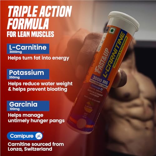 Image of Fast&Up L Carnitine 3000mg Effervescent Tablets | Triple Action L Carnitine Supplement with Garcinia Cambogia & Potassium | Fat Burner for Weight Loss | Controls Cravings I Reduces Bloating I Orange Flavour (Pack of 1)