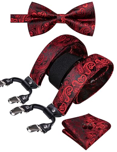Image of YOHOWA Men Suspenders 6 Clips Strength Adjustable Y Braces Pre-Tied Bow Tie Set Formal Wedding Party