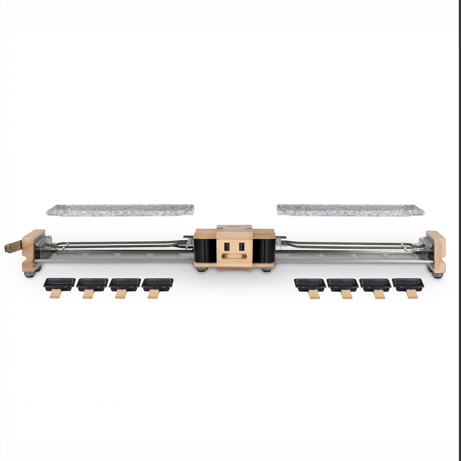 H.Koenig Grill Raclette WOD362 dla 8 osób – 1400 W – podwójna płyta grillowa z granitu, obrotowa podstawa (180°), 8 patelni z powłoką zapobiegającą przywieraniu, 8 szpatułek, fondue i funkcja sera