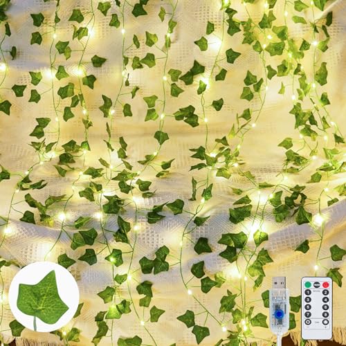 KASZOO Confezione da 12 piante artificiali a forma di foglia di edera con 252 luci a LED per finestra, ghirlanda da appendere per parete, feste, matrimoni, casa, cucina, decorazione per interni ed