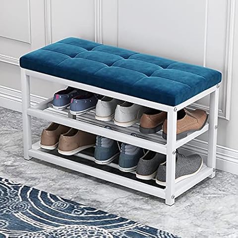 SS&LL Shoe Rack Bench With Cushion Seat,③-Third Entryway Shoe Bench Shoe Storage Organizer With Metal Shelf,Hallway Shoe Changing Stool-B-velvet 70x45x30cm(28x18x12inch) Cover