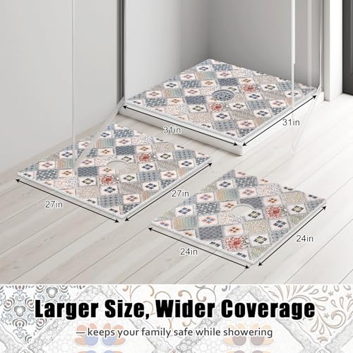 Image of Square Shower Mat Non Slip: 24x24 Inch Shower Floor Mat with Drain Hole in Middle, Super Soft and Comfortable PVC Loofah Massage Bath Mat for Shower, Anti Slip Shower Stall Mat, Quick Drying