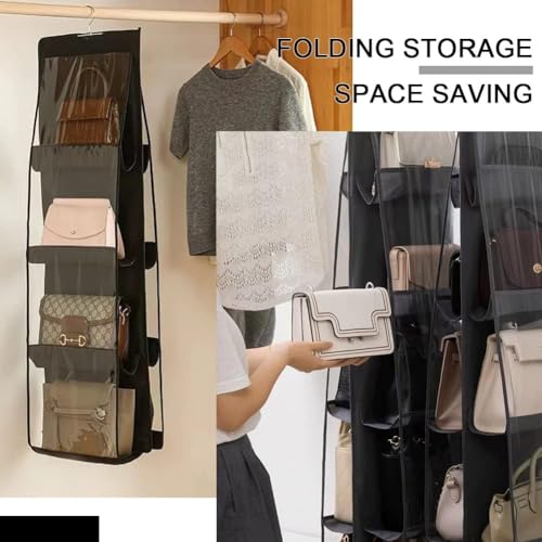 Image of Hanging Handbag Purse Organizer | 8 Pocket Dustproof Closet Storage | Foldable & Washable Handbag Holder | Wardrobe Organizer (8 Pocket - Black 110X35X35CM)