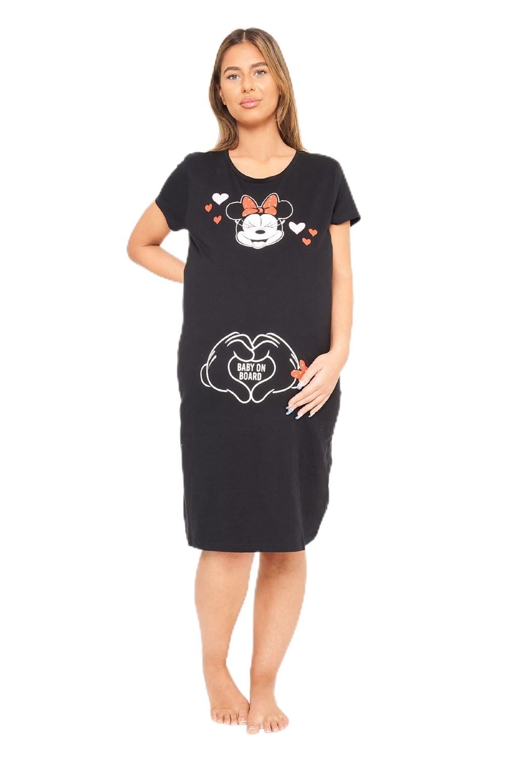 DisneyLadies Minnie Maternity Nighty – Charming Black Sleep Dress with Cute Minnie Mouse Design | Comfortable Maternity Nightwear (Sizes XS-XL)