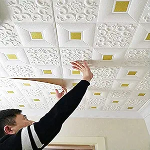 PremiumWallArts CuteWallDesigns Ceiling Wallpaper 3D Wallpaper Sticker Panels ( Square Design, Gold on White Colour , 1 Piece, 70 X 70 cm ) Decorative Wallpaper