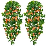 BLEUM CADE Artificial Hanging Flowers for Outdoors, 2pcs Fake Hanging Plants Pothos Vines with Orange Flowers for Wall Home Living Room Indoor Outdoor Fall Decor (No Baskets)