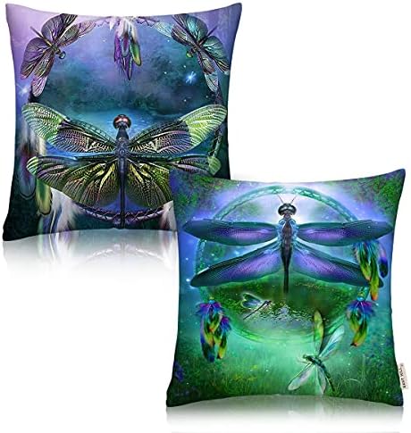 Dragonfly Throw Pillow Dreamcatcher Cushion Cover Set of 2 Decor Outdoor Teal Modern Throw Pillow Cover Cotton 18 X 18 Inches Square for Living Room Bed Sofa Chair Couch