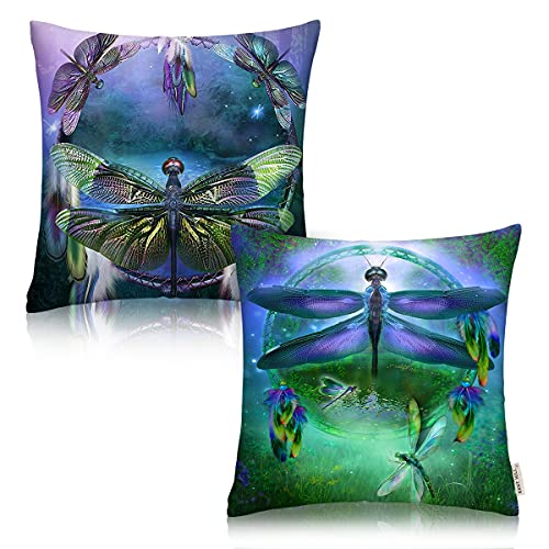 Dragonfly Throw Pillow Dreamcatcher Cushion Cover Set Of 2 Decor Outdoor Teal Modern Throw Pillow Cover Cotton 18 X 18 Inches Square For Living Room Bed Sofa Chair Couch #TOP10