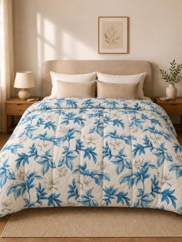 Image of Signature Reversible AC Comforter Set 350 GSM,Soft Microfibre King Size Quilt Blanket for Winter (Blue Magnolia, Double Bed)