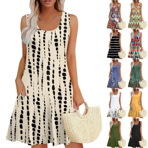 Summer Dresses for Women UK,Casual Sundress Fashion Beach Dress U Neck Sleeveless Tank Dress Floral Cover Ups Midi Boho Sun Dresses with Pockets
