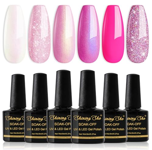 Shining She Smalto Semipermanente Unghie, 6 Colori Perla Bianco Mermaid Rosa Glitter, Smalti Semipermanenti Soak-Off UV/LED per Novizia Nail Art DIY 8ML Shining She Smalto Semipermanente Unghie, 6 Colori Perla Bianco Mermaid Rosa Glitter, Smalti Semipermanenti Soak-Off UV/LED per Novizia Nail Art DIY 8ML