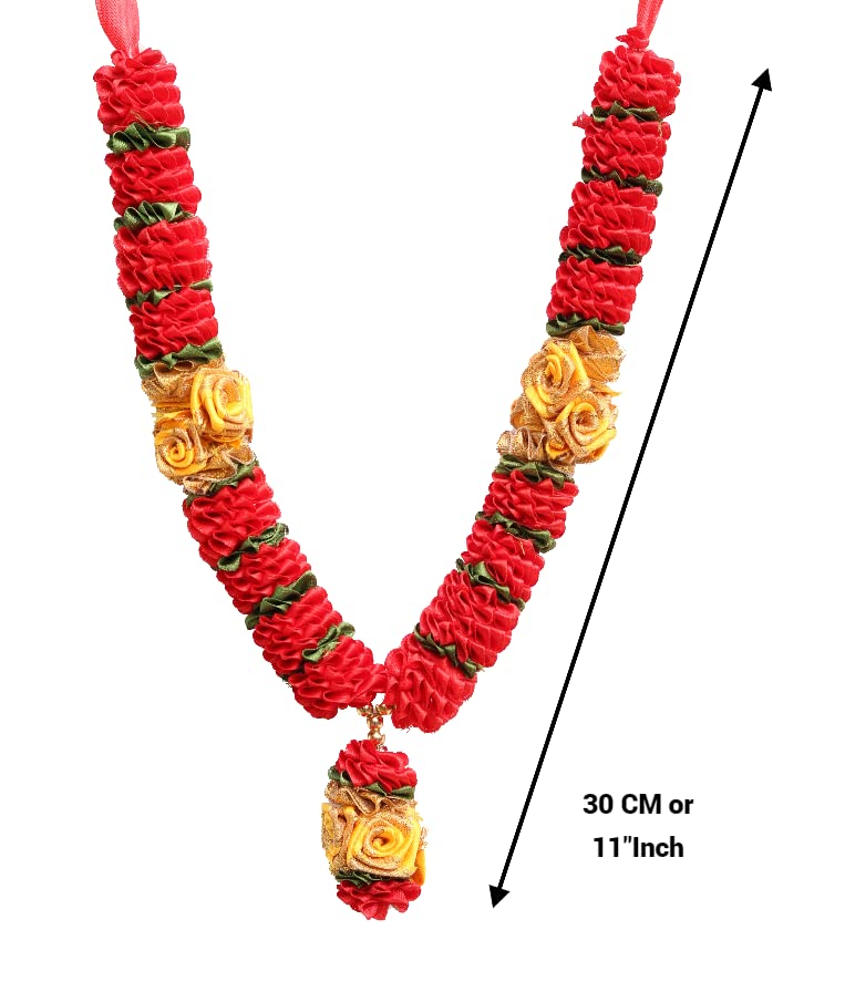 OneStoreIndia Handcrafted Fabric Satin Ribbon Garland for Photos, Deity/God Idols, Home & Temple Decoration | Red | 30 cm Length