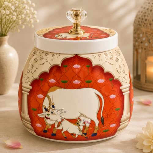 Image of Pichwai kamdhenu Cow Print Metal Jar for Dry Fruits, Candy, Cookies & Mukhwas as Festive Diwali Gift, Wedding Return Gift, baby shower, Housewarming Hamper Container and Table Decor (Orange)