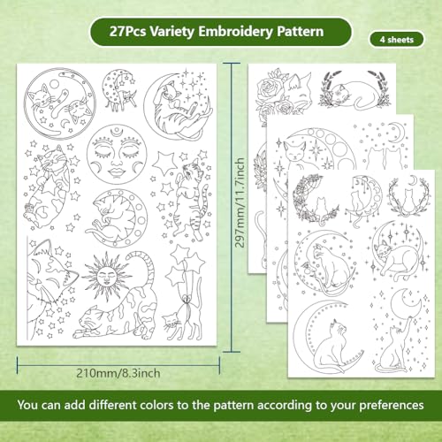 BENECREAT 4Sheets 27Pcs Moon Cat Water Soluble Embroidery - Image 2