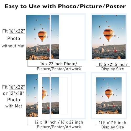 Image of JCJMY 16x22 Picture Frame with 12x18 Mat, Display Photo 12x18 with Mat or 16 x 22 Without Mat, Wall Hanging Large 16 by 22 Poster Frame with Plexiglass, White