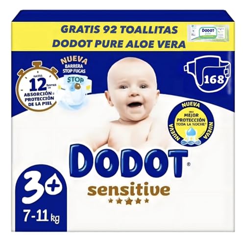 Dodot Sensitive Pañales Talla 3+, 168 Unidades, 7-11 kg, Extra Absorción con Barreras Anti-Fugas, 12 Horas de Protección, Material Ultra Suave, Indicador de Humedad+92 toallitas Dodot Pure Aloe Vera