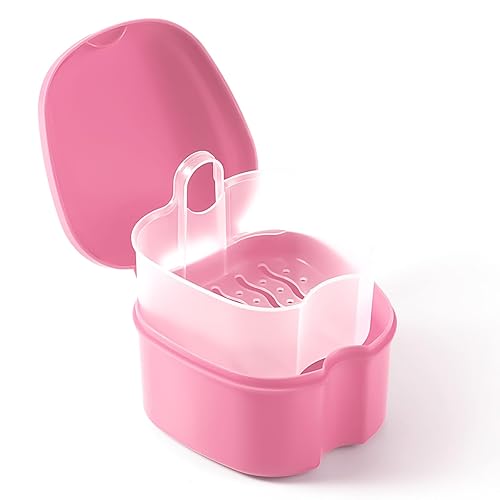 JMU Estuche de baño para dentadura, taza para remojar dentaduras con bandeja de cesta coladora para dentaduras, estuche de almacenamiento protector