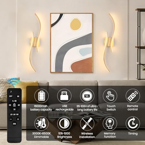 Image of CANEOE Battery Operated Wall Sconces with Remote Control, Rechargeable Dimmable Touch Wall Sconces Set of Two, 3000K-6500K LED Wireless Wall Light for Living Room Bedroom Hallway,31.5inch(Gold)