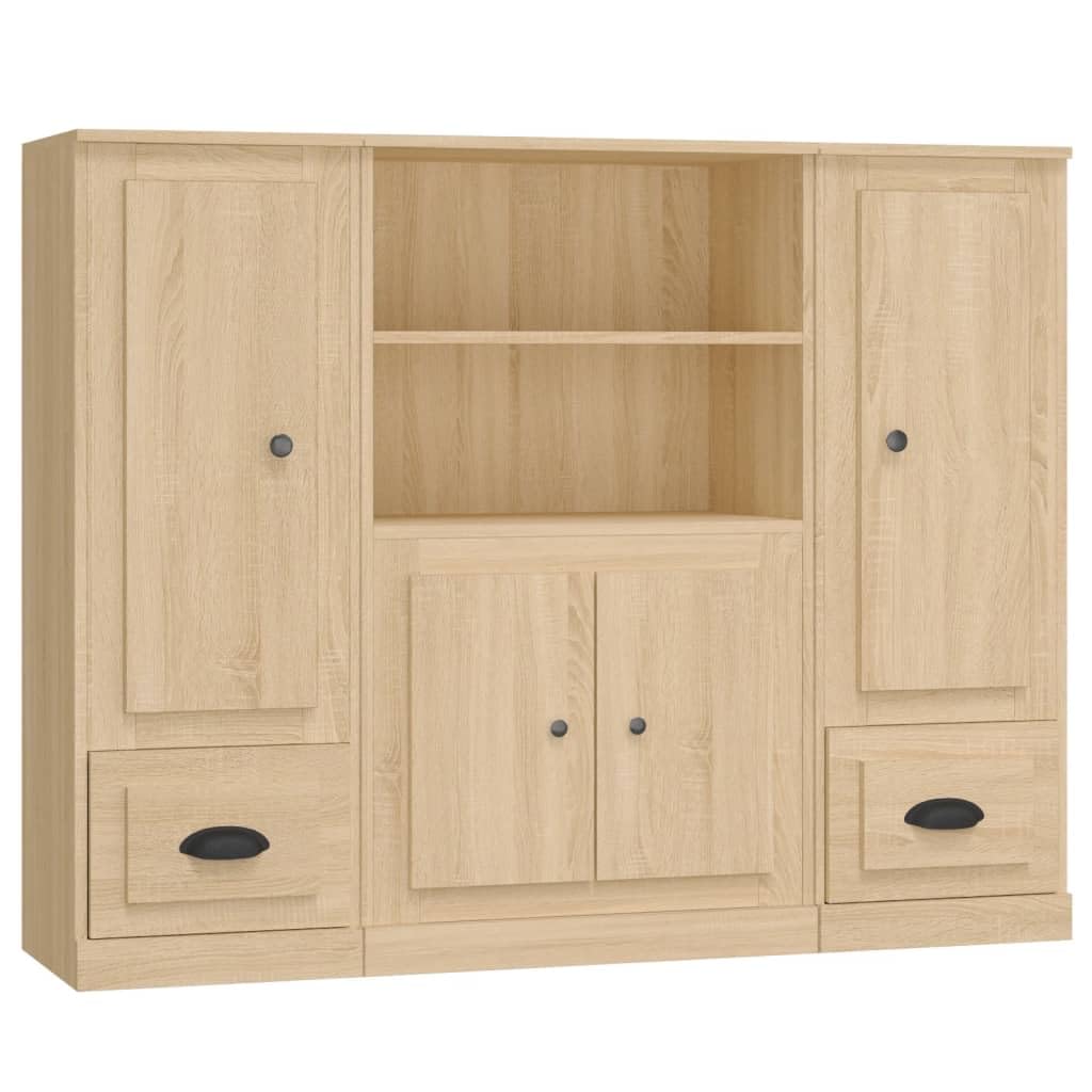 Zestaw 3 komór z drewna dębowego Sonoma, uniwersalna szafka z dużą ilością miejsca do przechowywania, stabilna szafka kuchenna do salonu, jadalni i biura