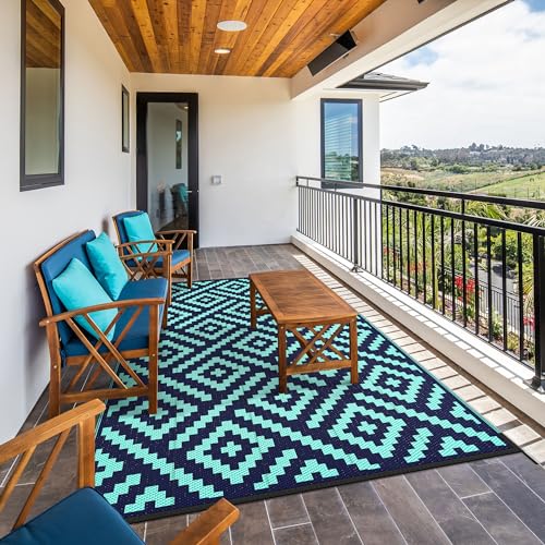Image of GENIMO Outdoor Rug, Waterproof Plastic Rugs for Patio, 6'x9' Blue Green | Outside Larger Modern Carpet Mat for Porch Decor, Deck, Balcony, Camping, RV, Backyard, Picnic, Beach, Reversible, Foldable