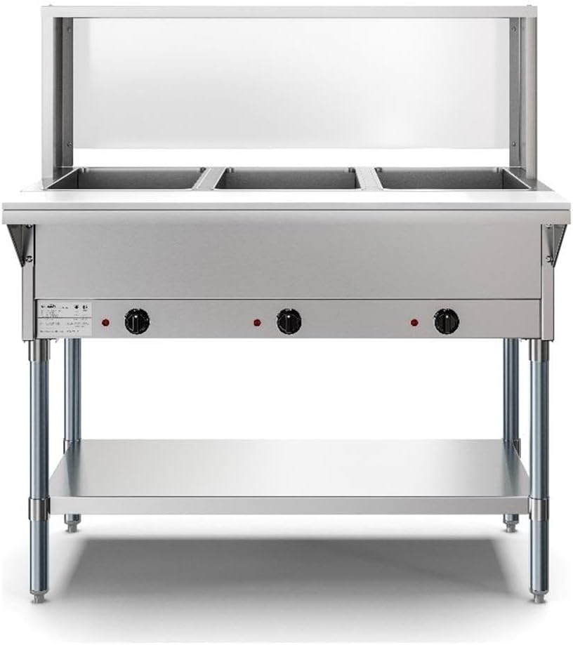 Pemberly Row 3 Pan Open Well Electric Steam Table, Stainless Steel, Acrylic Sneeze Guard, Undershelf Storage, Independent Temperature Control, ETL Listed, Professional Buffet Server for Events