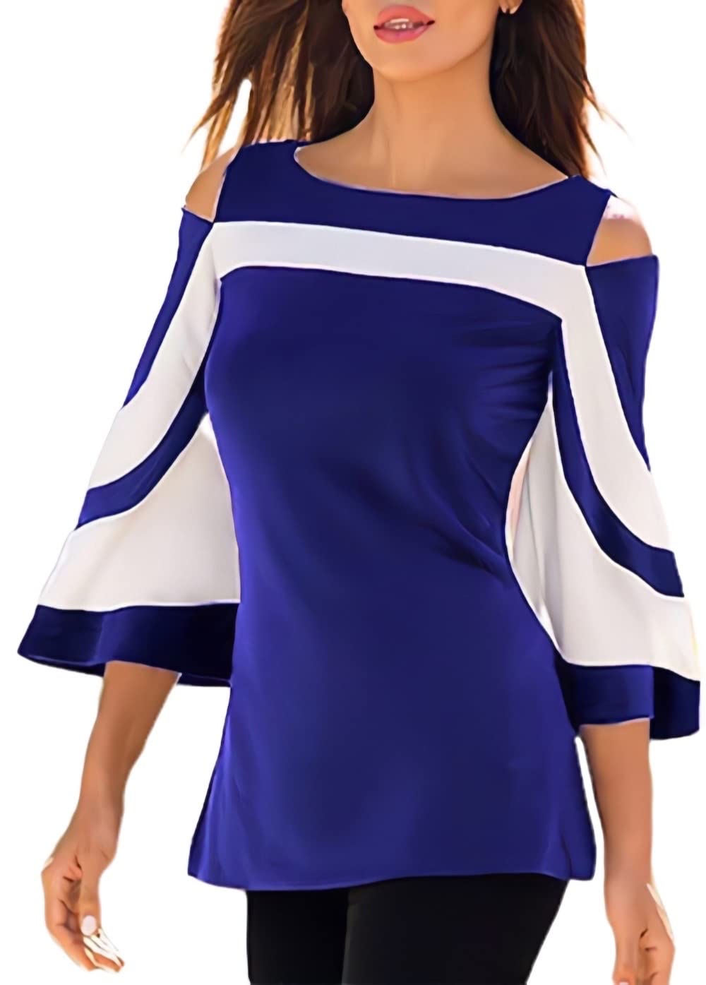 Women Blouses and Tops Black White Colorblock Bell Sleeve Cold Shoulder Top Shirt